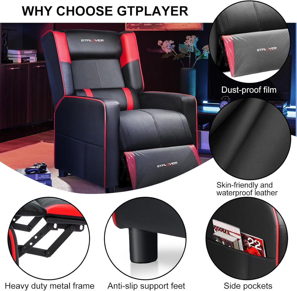 GTPLAYER Gaming Recliner Chair for Living Room Racing Style Single PU Leather Gaming Sofa for Adults Modern Game Recliners Ergonomic Comfortable Home Theater Seating, Red