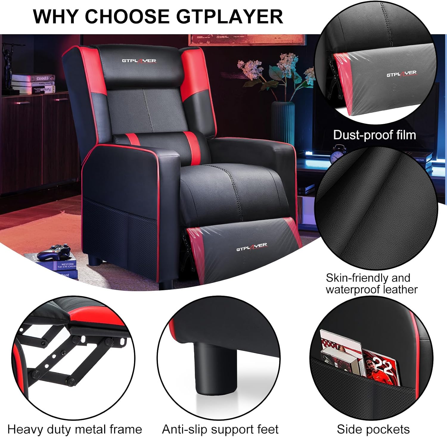 GTPLAYER Gaming Recliner Chair for Living Room Racing Style Single PU Leather Gaming Sofa for Adults Modern Game Recliners Ergonomic Comfortable Home Theater Seating, Red