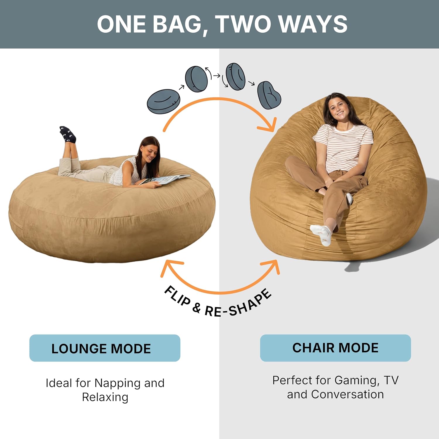 Jaxx 6 Foot Cocoon - 2-in-1 Convertible Bean Bag Bed & Large Bean Bag Chair for Adults, Camel