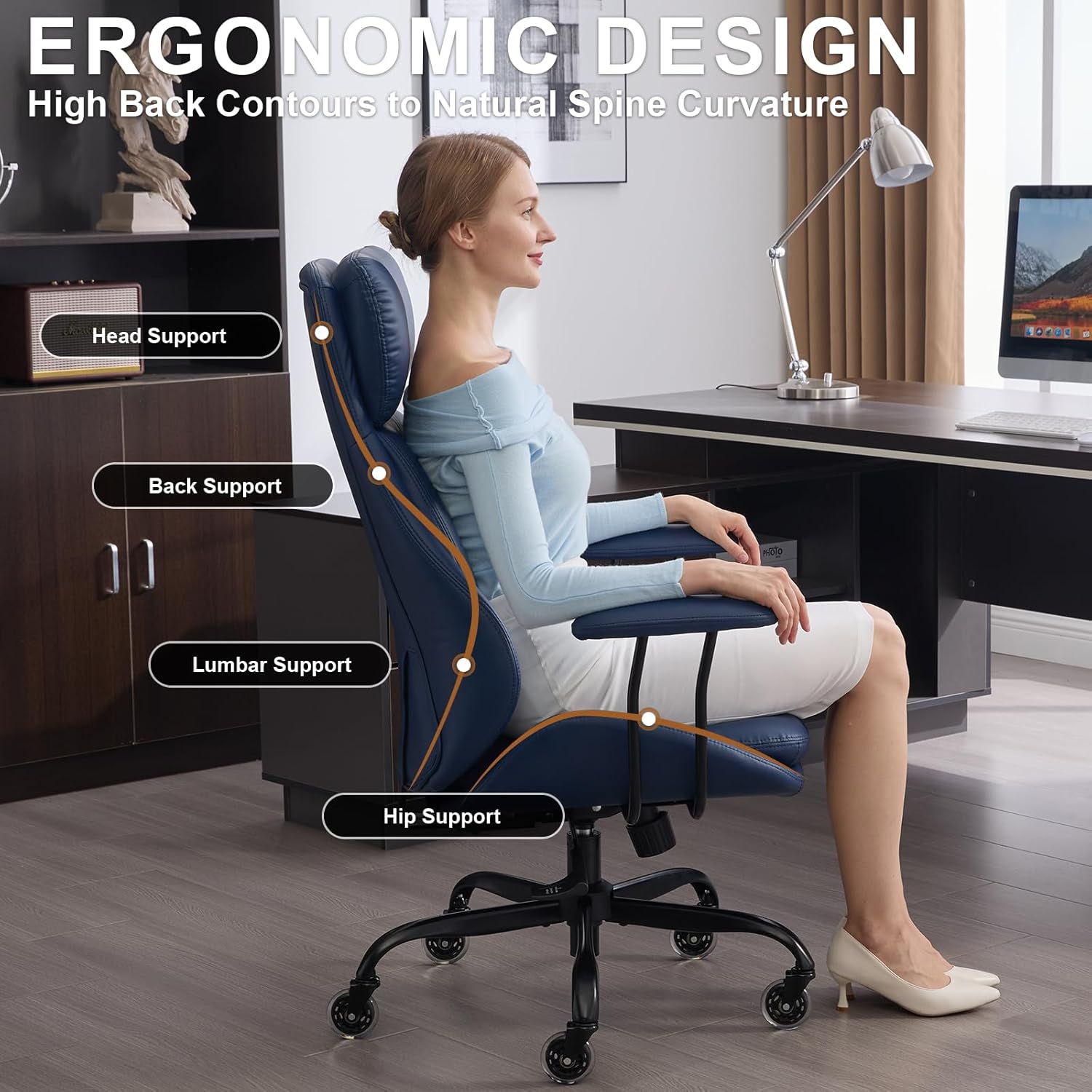 E-Motie Office Chair, Leather Desk Chair with Rubber Wheels, Ergonomic Computer Chair 500 LBS with Lumbar Support, High Back Executive Chair for Modern Home Office, Blue