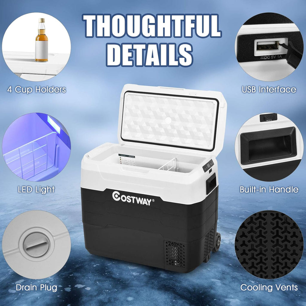 COSTWAY Car Refrigerator with Wheels, 42-Quart Dual-zone Electric Cooler with Telescopic Handle, 12V/24V DC, 100-240V AC, -4°F To 50°F, Portable Fridge Freezer for RV Camping Travel, White+Black