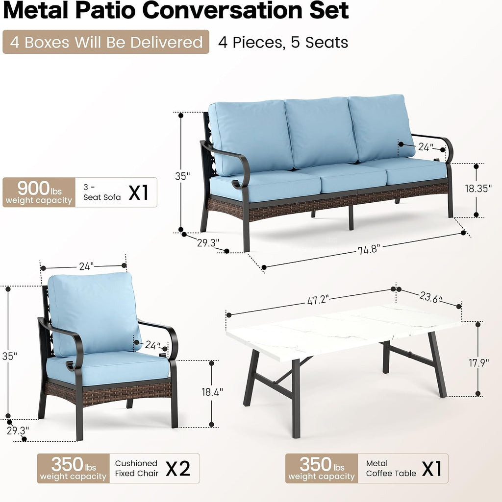 SUNSHINE VALLEY 5 Piece Metal Outdoor Patio Furniture Set, Patio Conversation Sets 1 3-Seater Sofa, 2 Chairs with 5.75' Extra Thick Cushion and Coffee Table, Black Frame Backyard Furniture, Blue