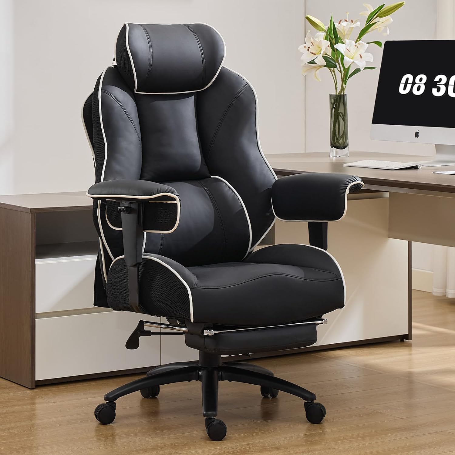 DJWang Big and Tall Office Chair with Foot Rest, High Back Executive Office Chair, PU Leather Ergonomic Chair with Lumbar Support, 135 Reclining Chair with Thickened Spring Cushion, Black