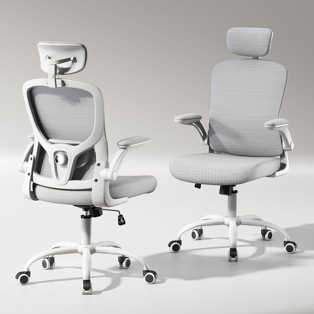 Ergonomic Chair for Office- Study Chair,300lb Gaming Chair, Mesh Comfortable High Back Chair, Headrest, Lumbar Support, Armrest, Comfy Seat for Man Woman(White-Grey6076)