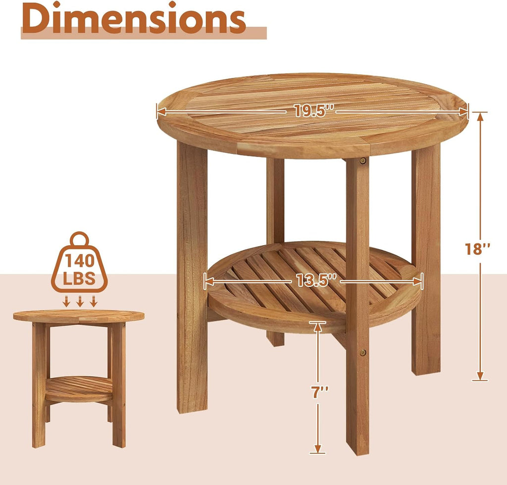Tangkula Outdoor Round Side Table, 19.5 Inches Teak Wood Patio Table with Slatted Tabletop & Storage Shelf, 2-Tier Heavy Duty Small End Table for Backyard, Porch, Deck, Yard, Garden, Natural