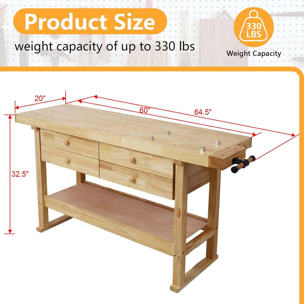 60' Rubber Wood Workbench, Heavy Duty Work Bench with Drawer & Shelf, Work Bench Table for Garage, Workshop, Home Storage, Woodworking Bench, 330 lbs Weight Capacity (60')