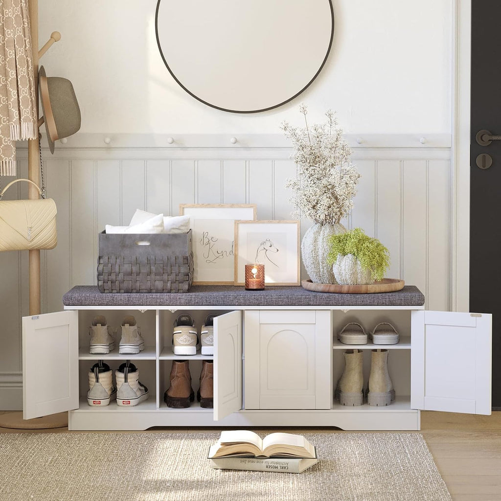 DINZI LVJ Shoe Bench, Entryway Storage Bench with Doors, Cushion, 2-Tier Shoe Rack with 8-Cubby, 47.2'L x 13.8'W Shoe Organizer Cabinet, Adjustable Shelf, Living Room, Bedroom, White