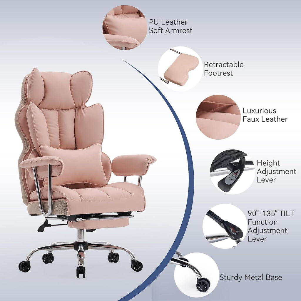 Efomao Big and Tall Office Chair, 400lbs Heavy Duty High Back Executive Chair with 23.6' Extra Wide Seat, PU Leather Desk Chair with Footrest and Padded Armrests, Pink