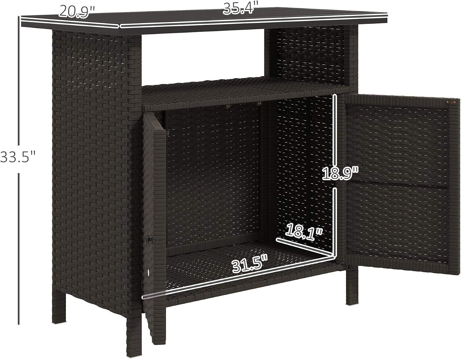 Outsunny Wicker Outdoor Storage Cabinet, Rattan Outdoor Bar Table with 2 Doors and Shelf, Outdoor Buffet Cabinet Sideboard with Metal Slatted Countertop for Poolside, Patio, Backyard, Dark Coffee