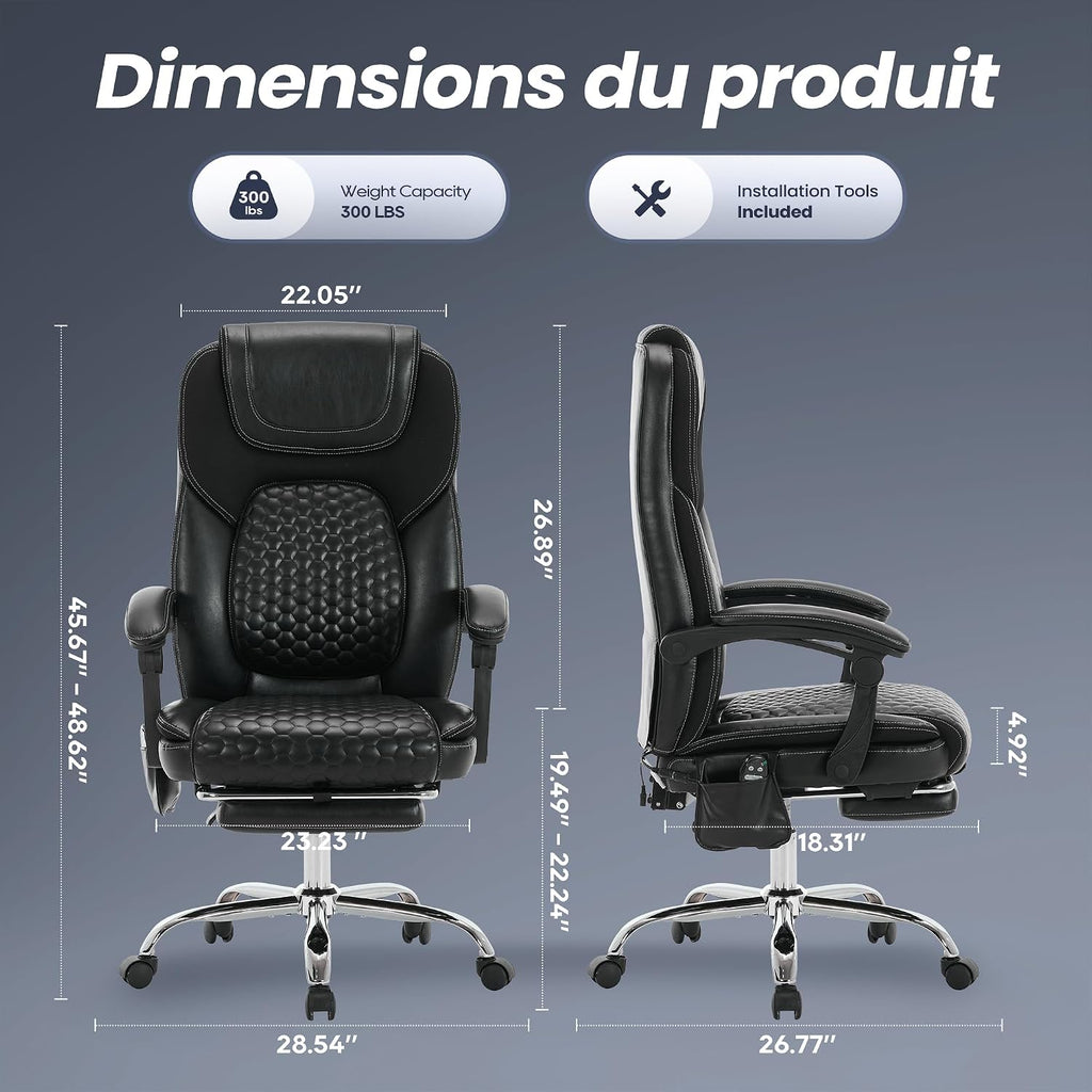 MALOL Massage Office Chair with Heat and Footrest - 3-Level 65°C Targeted Heating, 20-Min Assembly Leather Desk Chair, Big and Tall Executive Computer Chair with Side Pocket, 300 lbs, Black,Set of 2