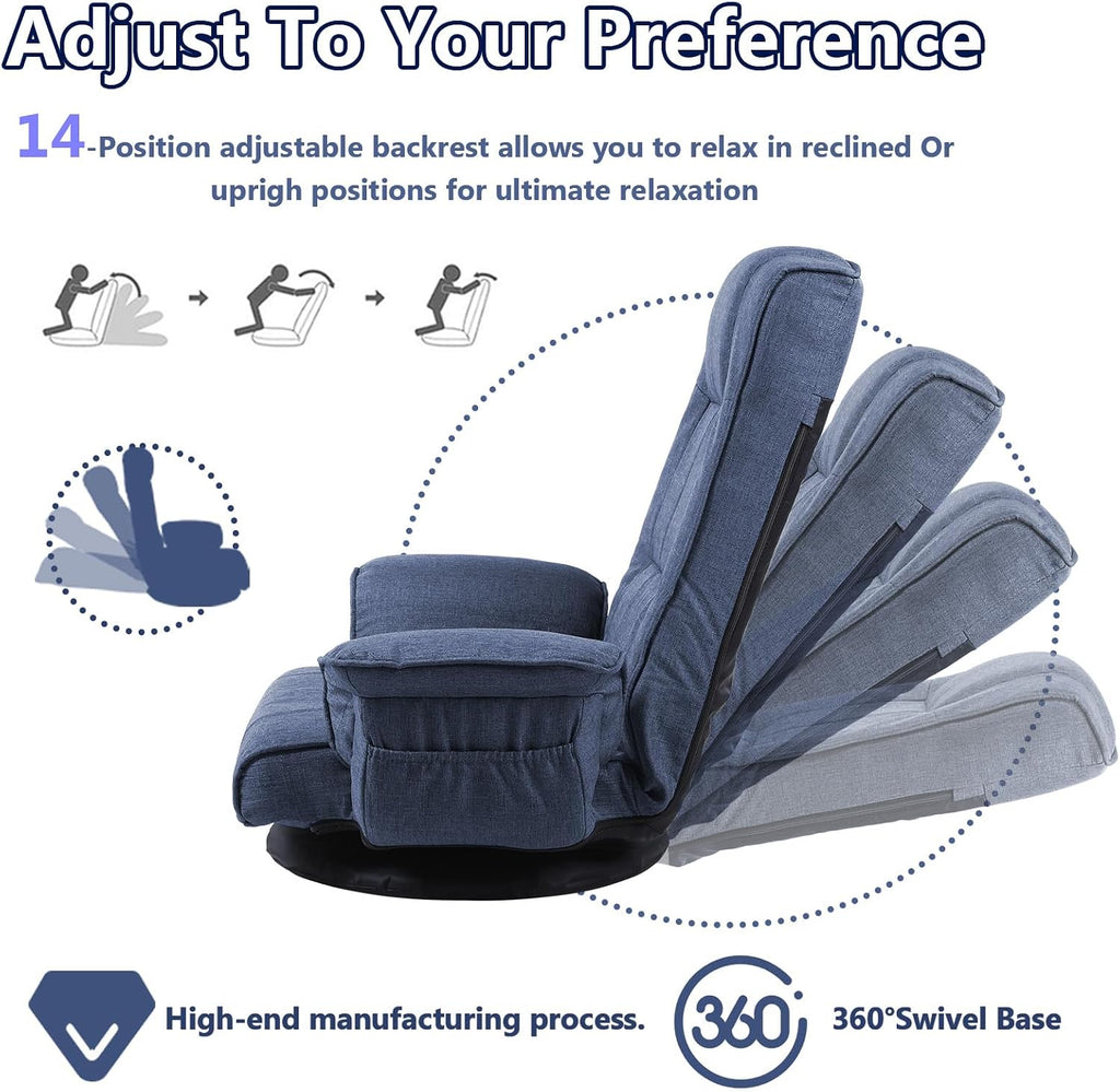 360 Degree Swivel Floor Chairs for Adults, Gaming Floor Chair with Back Support, 14 Angles Adjustable Comfortable Floor Lounge Chair Folding Video Game Chairs Office Bedroom 201(Blue)