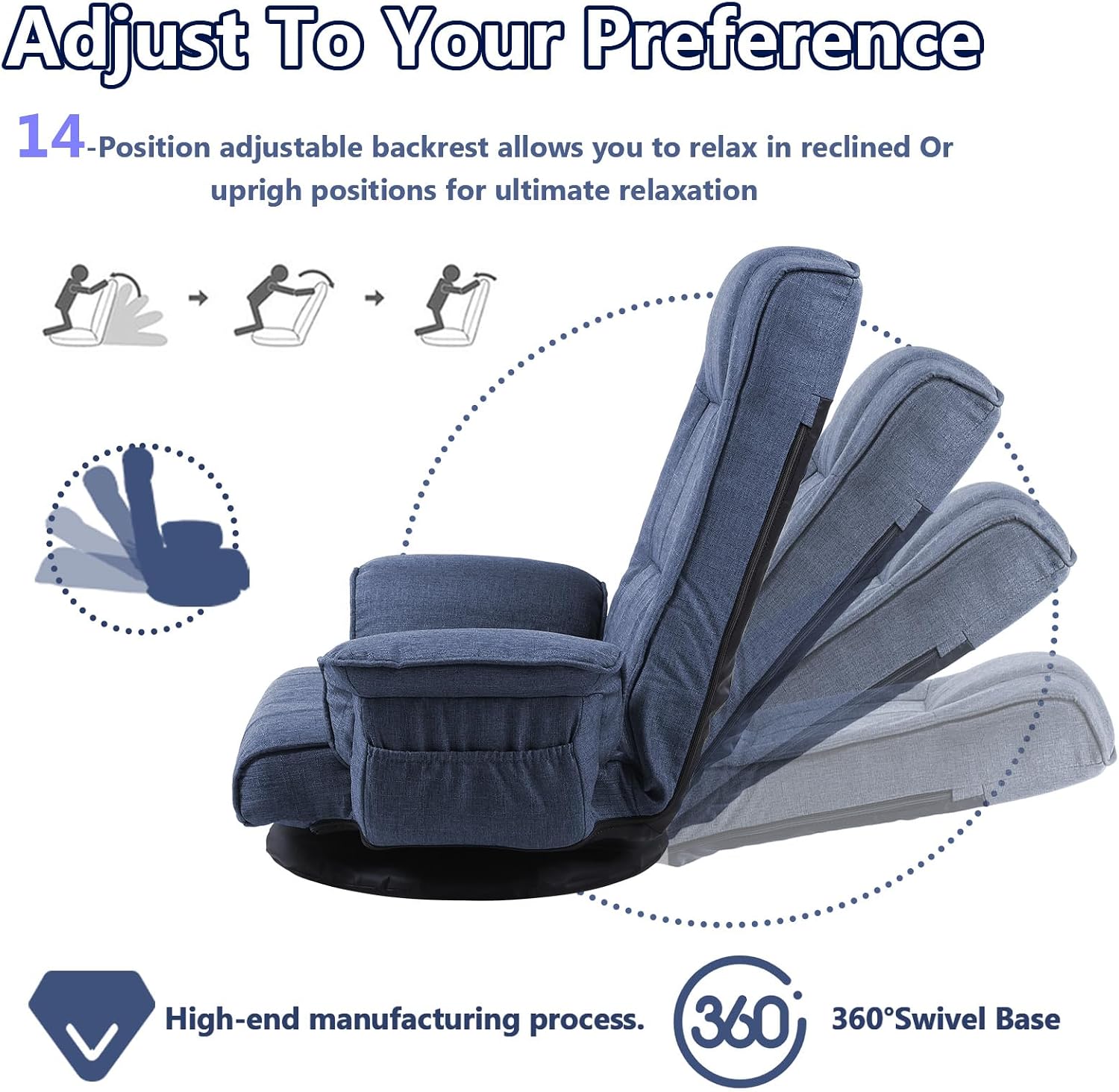 360 Degree Swivel Floor Chairs for Adults, Gaming Floor Chair with Back Support, 14 Angles Adjustable Comfortable Floor Lounge Chair Folding Video Game Chairs Office Bedroom 201(Blue)