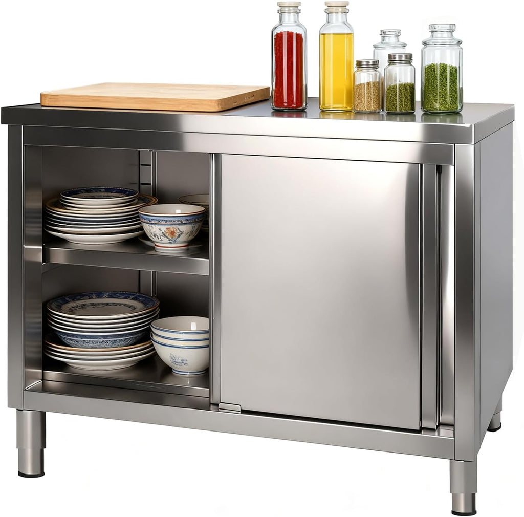 Stainless Steel Work Table with Cabinet 48'x20',Commercial Kitchen Workbench with Sliding Doors for Prep Work, Heavy Duty Prep Table for Restaurant,Garage,Warehouse