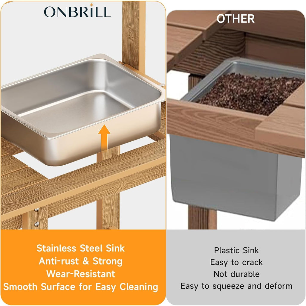 ONBRILL Potting Bench, Outdoor Potting Bench Table with Removable Sink, HDPS Potting Benches for Outside, Garden Table with Storage Shelves & 4 Side Hooks, No Rot, No Fade, No Break, 360lbs Capacity