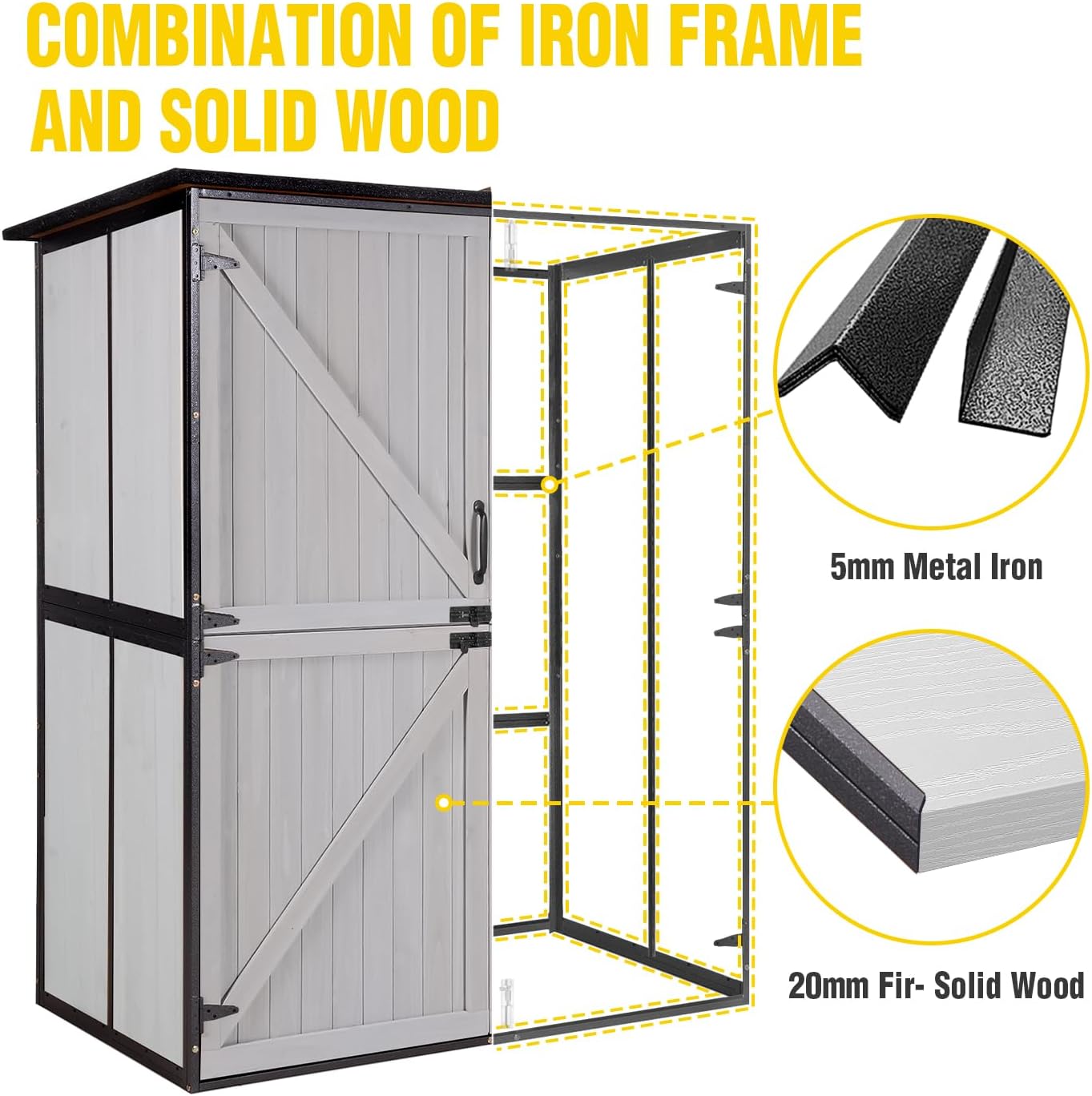 Storage Shed,Outdoor Storage Cabinet with Metal Frame Structure and Adjustable Shelves,Bike Storage Tool Cabinet Box for Backyard Garden Patio Lawn (Off White, 29' D x 55' W x 67' H)
