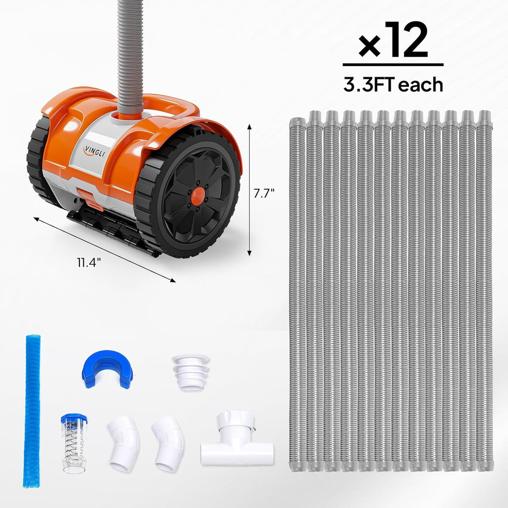 VINGLI Automatic Suction Pool Cleaner Robot for Inground Pools – Powerful Suction-Side Vacuum with 40FT Tangle-Free Pool Cleaner Hose - Ideal for Pool Cleaning Kits & Equipment, Rich Orange&Gray