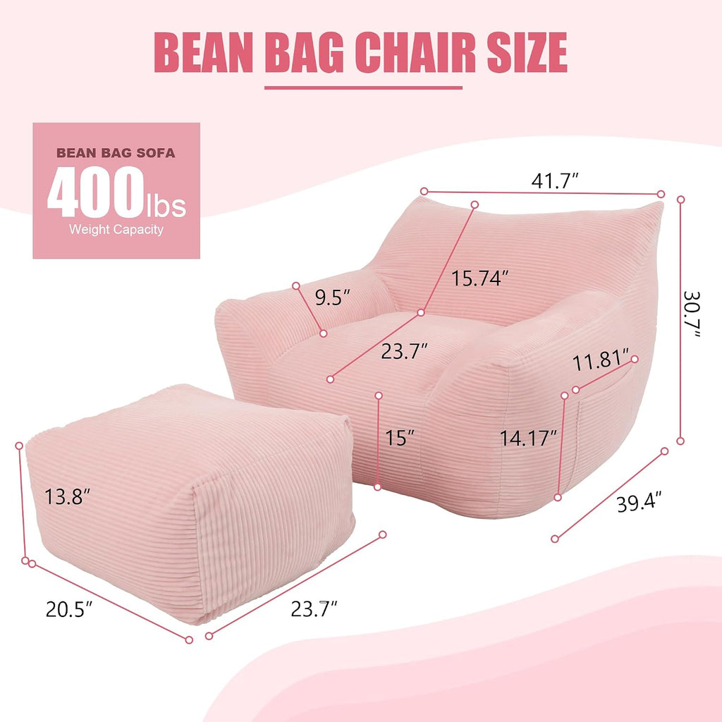 Giant Bean Bag Chair with Ottoman, Comfy Bean Bag Couch with 2 Side Pocket, Corduroy Boneless Couch Chair in a Box, Stuffed Lounge Floor Sofa for Dorm, Bedroom, Living Room, Pink