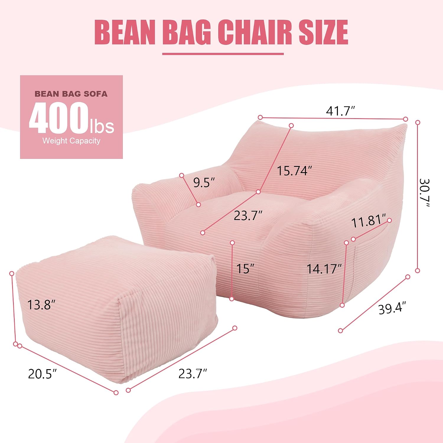 Giant Bean Bag Chair with Ottoman, Comfy Bean Bag Couch with 2 Side Pocket, Corduroy Boneless Couch Chair in a Box, Stuffed Lounge Floor Sofa for Dorm, Bedroom, Living Room, Pink