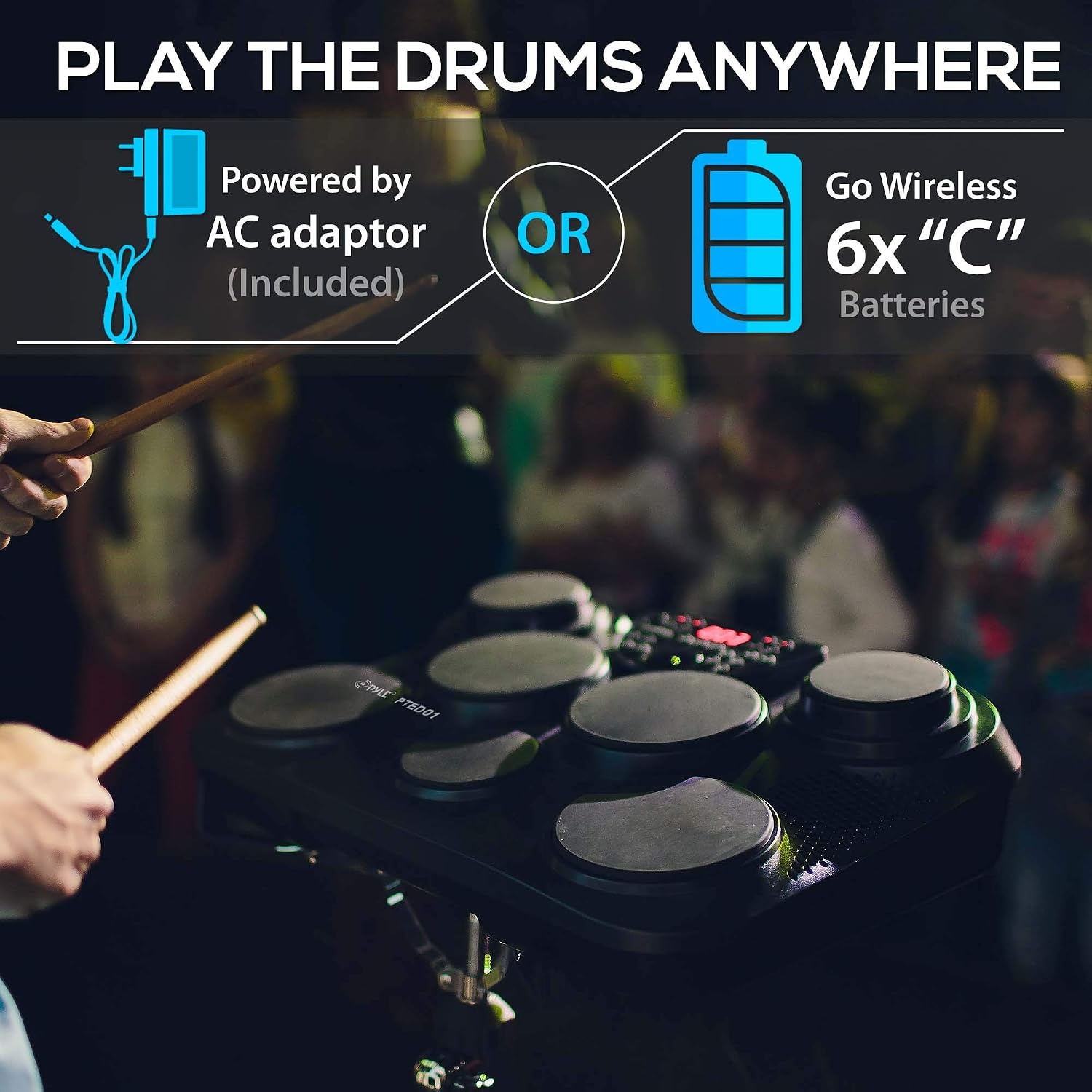 Pyle Electronic Tabletop Digital Drum Set, Compact Portable Drum Pad Kit w/ 8 Touch Sensitive Pads and Pedals, 600 Sounds, USB & Headphone Outputs, MIDI/AUX Inputs, 4x5' Drums & 4x3.5' Cymbals