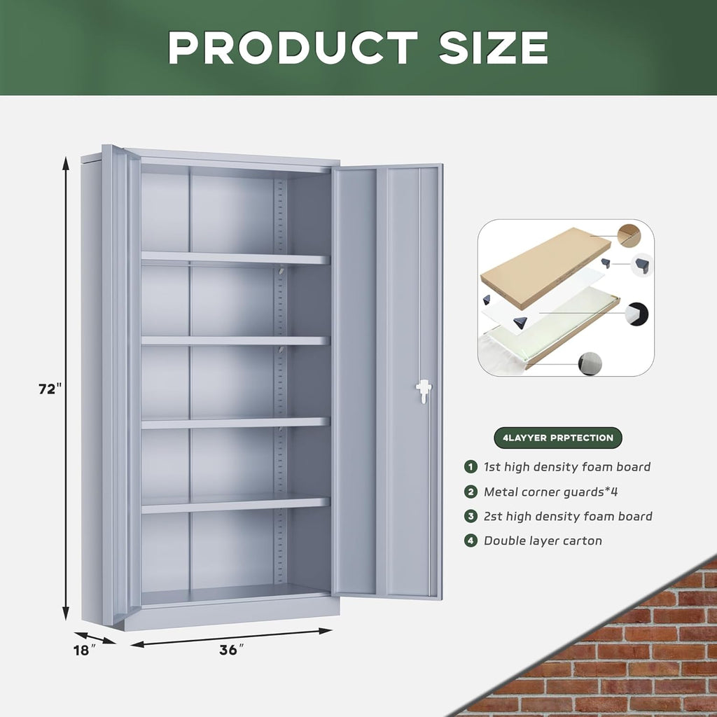 Greenvelly Metal Storage Cabinet, 72' Lockable Metal Garage Storage Cabinet with Doors and 4 Adjustable Shelves, Locking Steel Cabinet for Home Office, Garage, Shop, School (Dark Grey 36' W x 18' D)