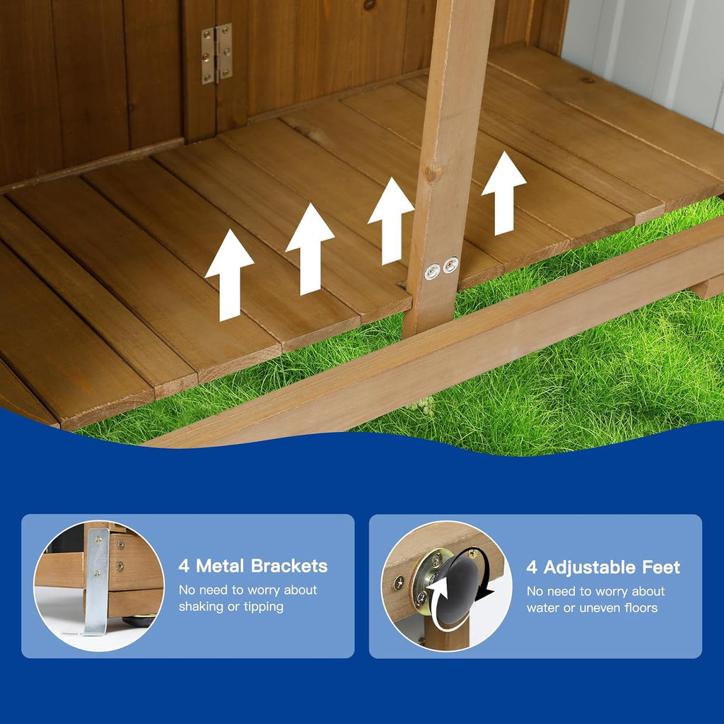 Outdoor Storage Cabinet Wood & Metal with Waterproof Roof, Garden Tool Shed with 3 Removable Shelves, 4 adjustable reinforced feet with metal brackets, 6 T-Hinge, magnetic door,15.6'D x 32.3'W x 66'H