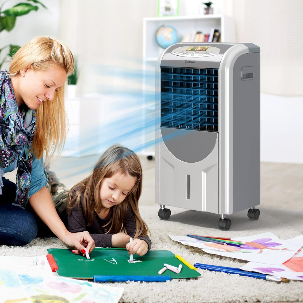 COSTWAY Evaporative Cooler and Heater, 5-in-1 Portable Air Cooler with Remote Control, 8-Hour Timer, 2 Ice Boxes, Quiet Operation, Bladeless Air Cooler for Indoor Use Home Office Dorms Grey