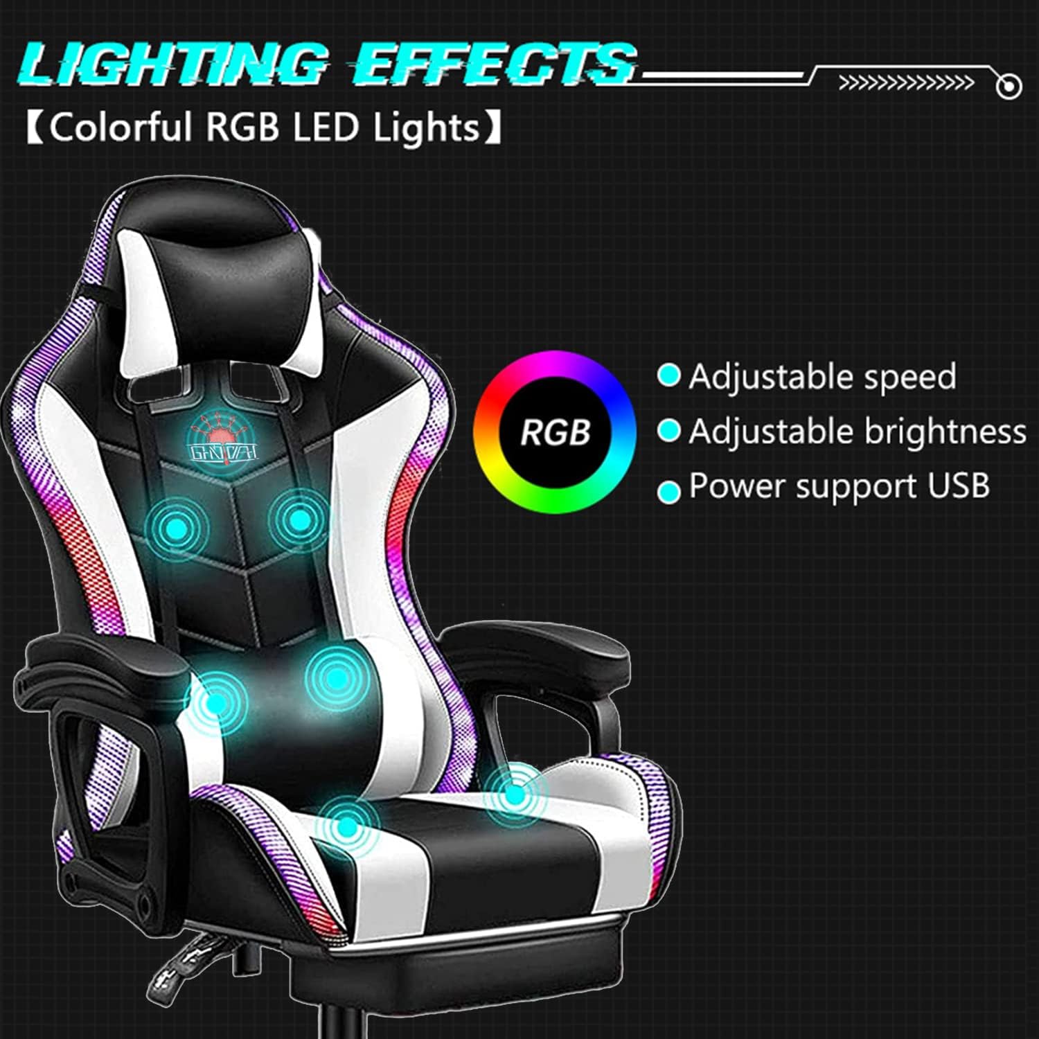Gaming Chairs for Kids Adults Video Game Chair with LED Lights and Speakers Ergonomic 7-Point Massage Computer Chairs High Back Office Chair with Footrest and Lumbar Support Headrest,Pink