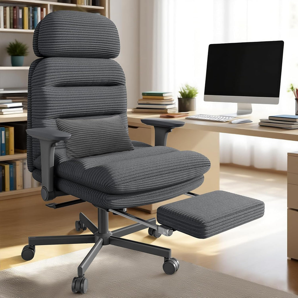 GXJ Criss Cross Chair with Flip-up Arms, Executive Office Chair with Foot Rest, Cross Legged Office Chair G800 Plus, Extra Lumbar Pillow, Corduroy Comfy Computer Desk Chair for Home, Black