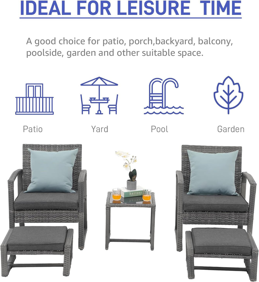 Patiorama 5 Piece Outdoor Patio Wicker Furniture Set, All Weather Grey PE Rattan Chair and Ottoman Footstool Set, W/Coffee Table, Cushions (Dark Grey) for Garden, Balcony, Porch, Space Saving Design