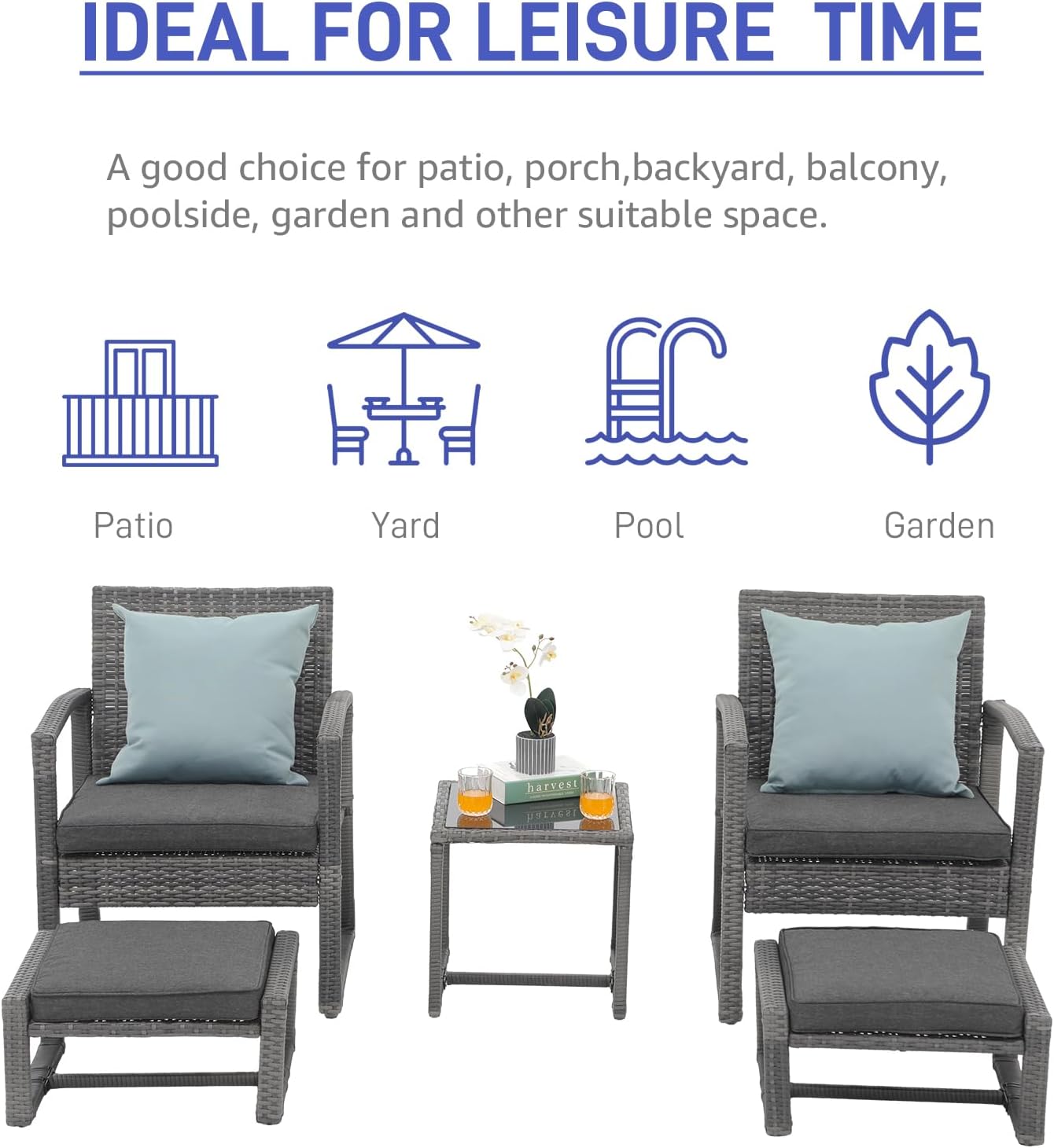 Patiorama 5 Piece Outdoor Patio Wicker Furniture Set, All Weather Grey PE Rattan Chair and Ottoman Footstool Set, W/Coffee Table, Cushions (Dark Grey) for Garden, Balcony, Porch, Space Saving Design