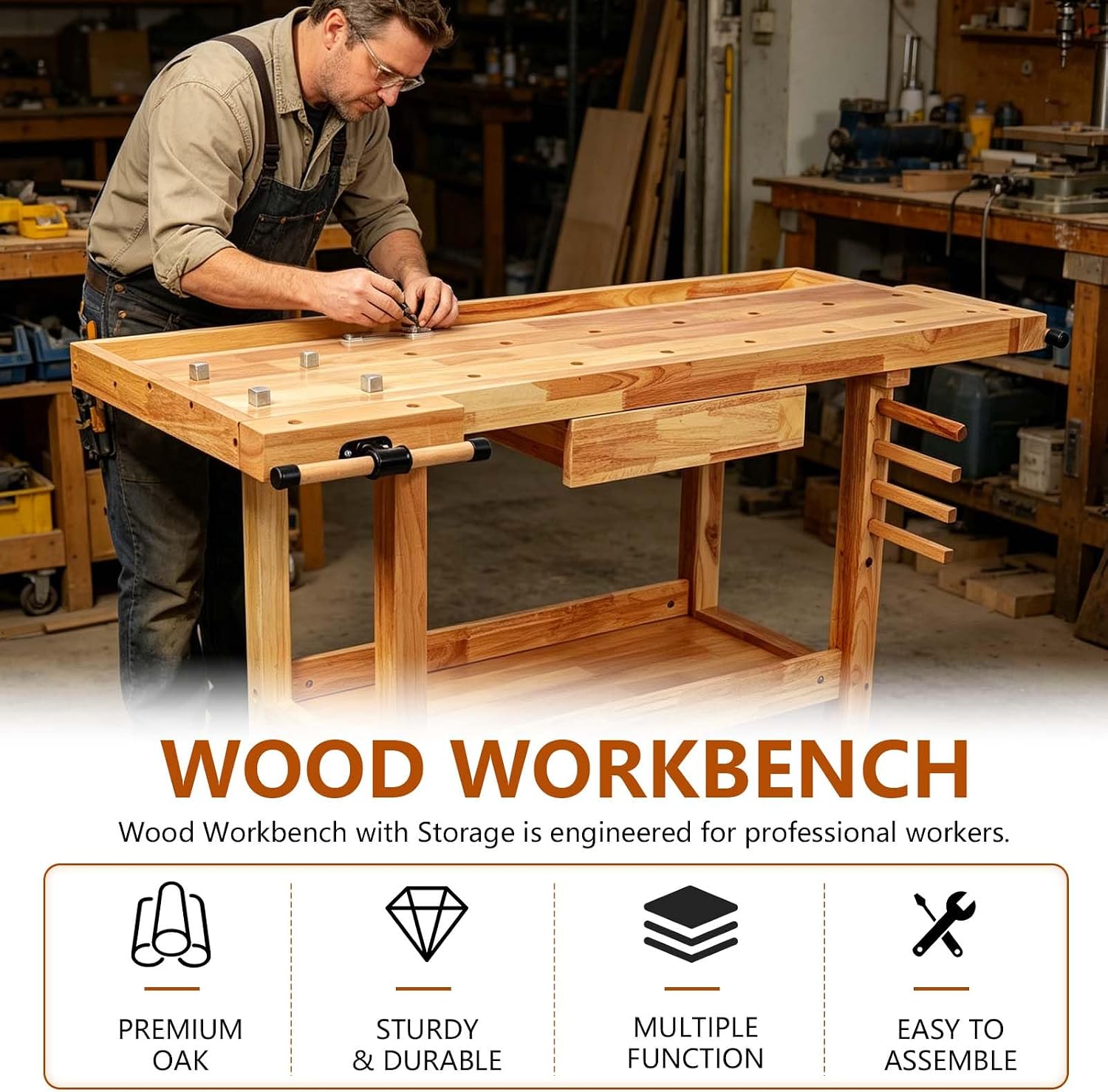 55' Rubber Wood Workbench, Heavy Duty Work Bench with Drawer & Shelf, Work Bench Table for Garage, Workshop, Home Storage, Woodworking Bench, 330 lbs Weight Capacity (55')