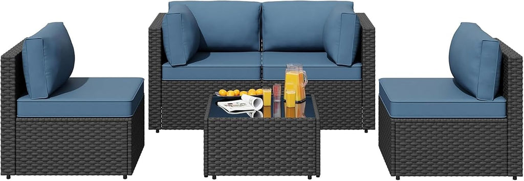 5pcs Patio Outdoor Furniture Sets Conversation Set, Low Back All-Weather Rattan Sectional Sofa with Tea Table&Washable Couch Cushions, Patio Furniture Sets (Black Rattan)