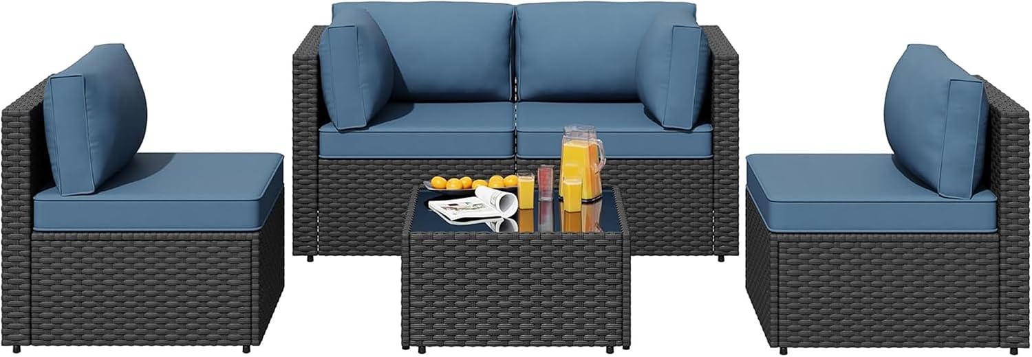 5pcs Patio Outdoor Furniture Sets Conversation Set, Low Back All-Weather Rattan Sectional Sofa with Tea Table&Washable Couch Cushions, Patio Furniture Sets (Black Rattan)