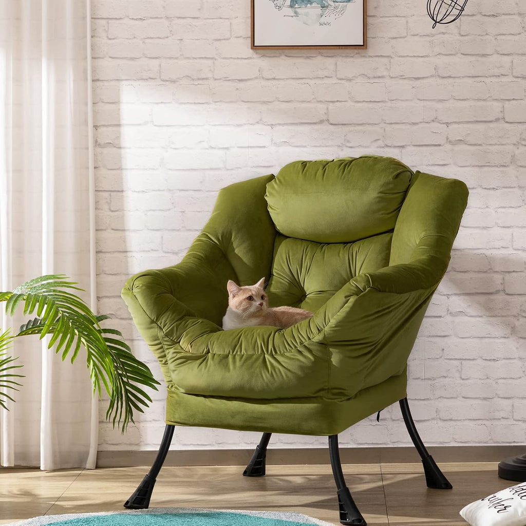 HollyHOME Lazy Chair with Armrest and Side Pocket, Comfy Accent Lounge Chair,Leisure Sofa Armchair for Living Room, Bedroom, Dorm, or Small Spaces, Oversized Reading Sofa Chair,Velvet Olive Green
