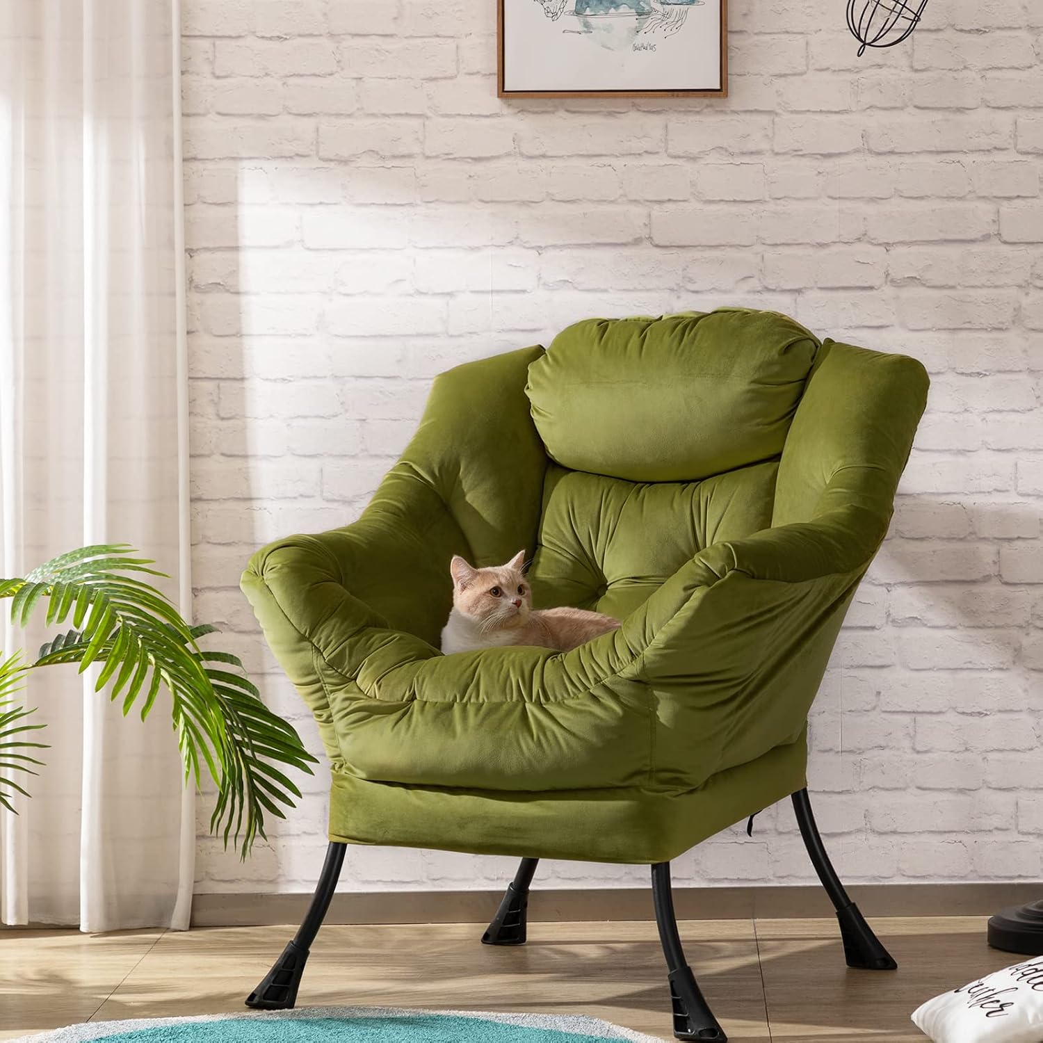 HollyHOME Lazy Chair with Armrest and Side Pocket, Comfy Accent Lounge Chair,Leisure Sofa Armchair for Living Room, Bedroom, Dorm, or Small Spaces, Oversized Reading Sofa Chair,Velvet Olive Green