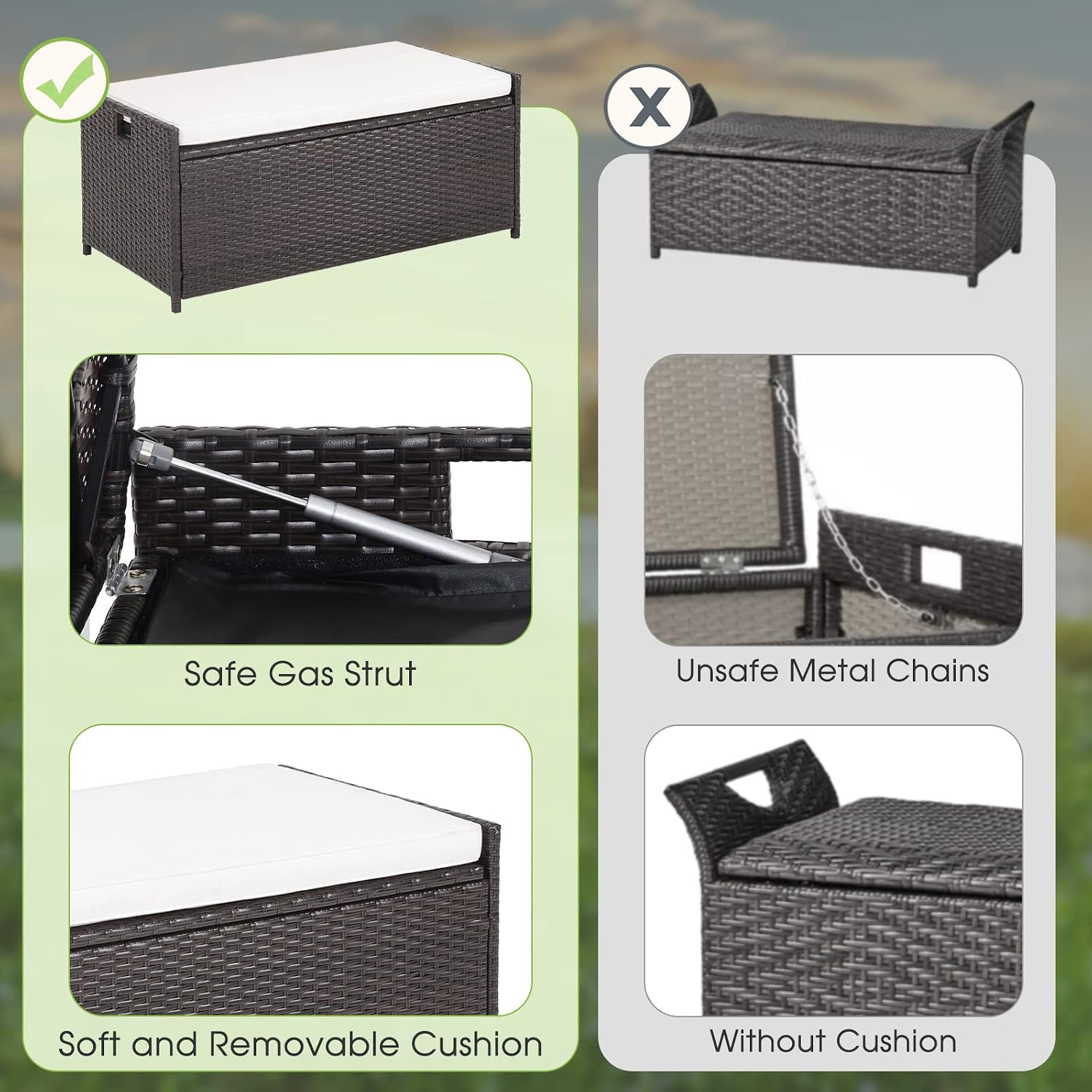 Tangkula 34 Gallon Outdoor Storage Bench with Seat Cushion, Patio Mix Brown Wicker Deck Box with Waterproof Liner and Side Handles, Outdoor Storage Bench for Cushions, Garden Tools, Pool Accessories