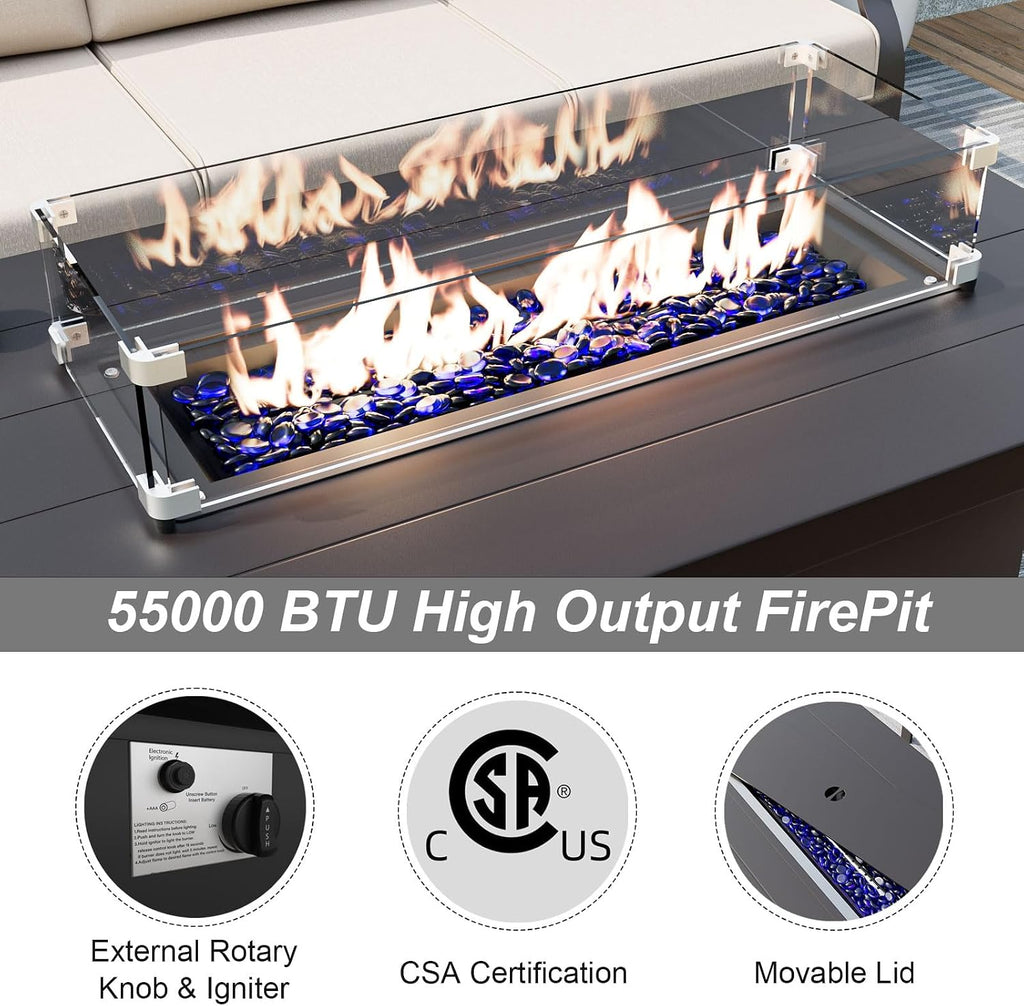 ALAULM Aluminum Patio Furniture Set with Propane Fire Pit Table 5-seat Metal Outdoor Furniture w/Fire Pit Patio Sectional Sofas w/5.1' Cushions for Patio, Backyard, Poolside-Grey
