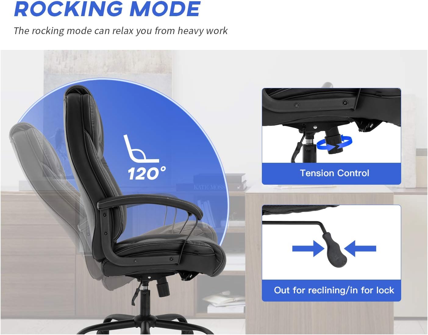 Big and Tall 500lbs Wide Seat Ergonomic Desk Chair with Lumbar Support Arms Headrest Massage Office Chair Rolling Swivel PU Leather Task Computer Chair for Adults,Black