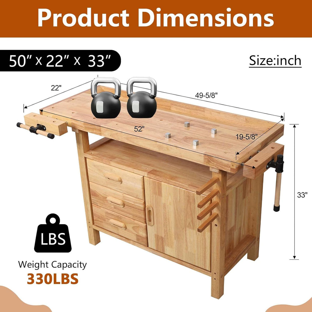 55' Rubber Wood Workbench, Heavy Duty Work Bench with Drawer& Shelf, Work Bench Table for Garage, Workshop, Home Storage, Woodworking Bench, 330 lbs Weight Capacity (50')