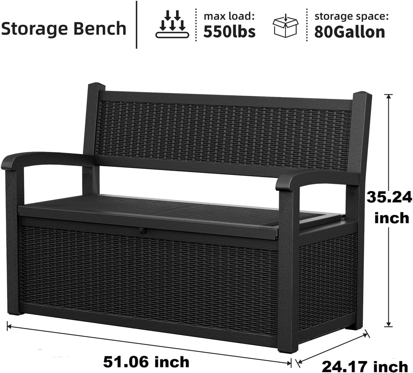 Vixzen 80 Gallon Outdoor Storage Bench Deck Box, Lockable All-Weather Resin Seating Outside Benches, Waterproof Furniture Patio Garden Porch Pool Tool Cushion Black