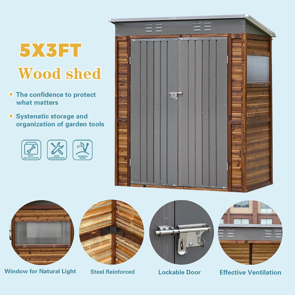 5x3 FT Outdoor Lean to Shed with Windows, Wood & Metal Tool Shed Waterproof Storage House for Outside Patio, Garden, Backyard, 4 Vents (Without Floor) Wood Color