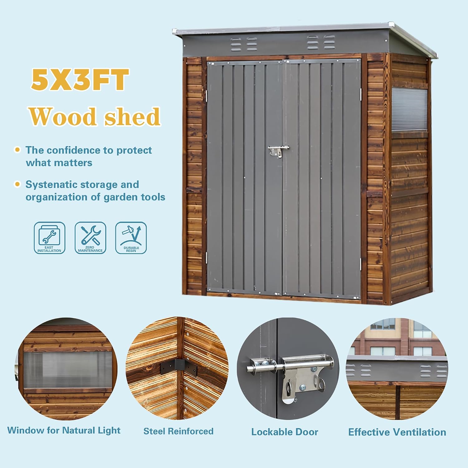 5x3 FT Outdoor Lean to Shed with Windows, Wood & Metal Tool Shed Waterproof Storage House for Outside Patio, Garden, Backyard, 4 Vents (Without Floor) Wood Color