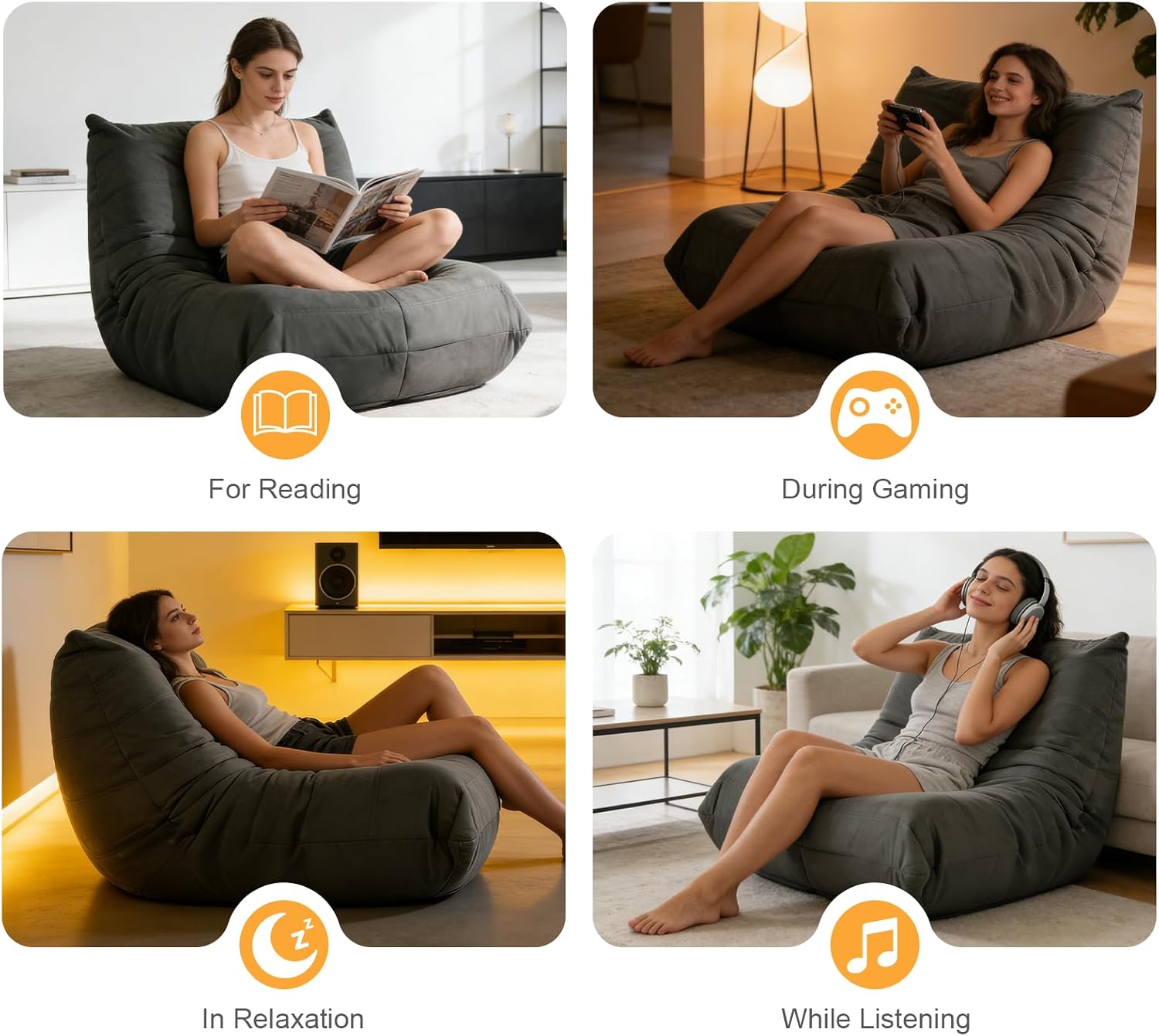 Giant Gaming Bean Bag Chair for Adults & Kids, Oversized Memory Foam Beanbag Couch Reading Chairs with Armless Design, Large Beanbag Sofa Floor Lounger Chair (Dark Gray, Single, Modern)