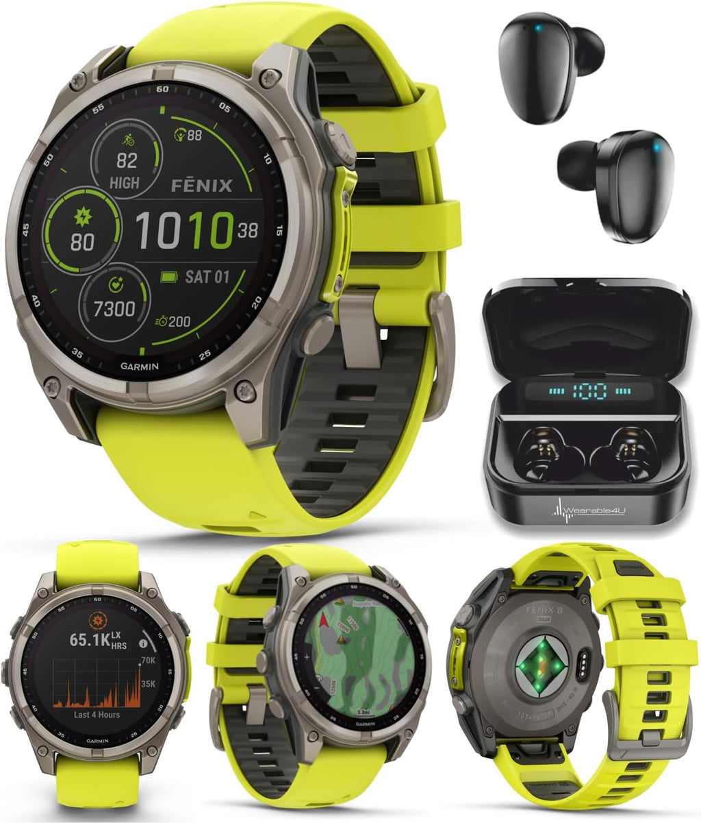 Garmin Fenix 8 – 47 mm Multisport GPS Smartwatch, Solar, Sapphire, Titanium with Amp Yellow/Graphite Silicone, Built-in LED Flashlight, Voice Control Black Earbuds Bundle