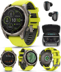 Garmin Fenix 8 – 47 mm Multisport GPS Smartwatch, Solar, Sapphire, Titanium with Amp Yellow/Graphite Silicone, Built-in LED Flashlight, Voice Control Black Earbuds Bundle
