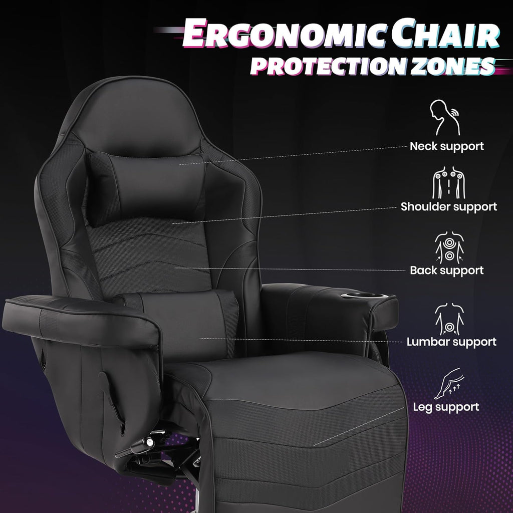 Game Reclining Chair with Adjustable Height, PU Gaming Chair with Massage, Long Footrest and Lumbar Support, High Back Swivel Computer Game Chair for Adult(Black)