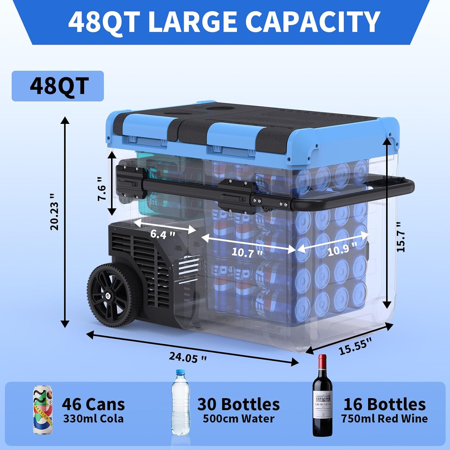 45L Dual Zone Car Refrigerator Freezer, -4℉~68℉, 48Qt Compressor Cooler with Reversible Door, Metal Handle, Dual Battery Slot, 100–240V AC / 12V / 24V DC Powered, LED Light – Ice Blue