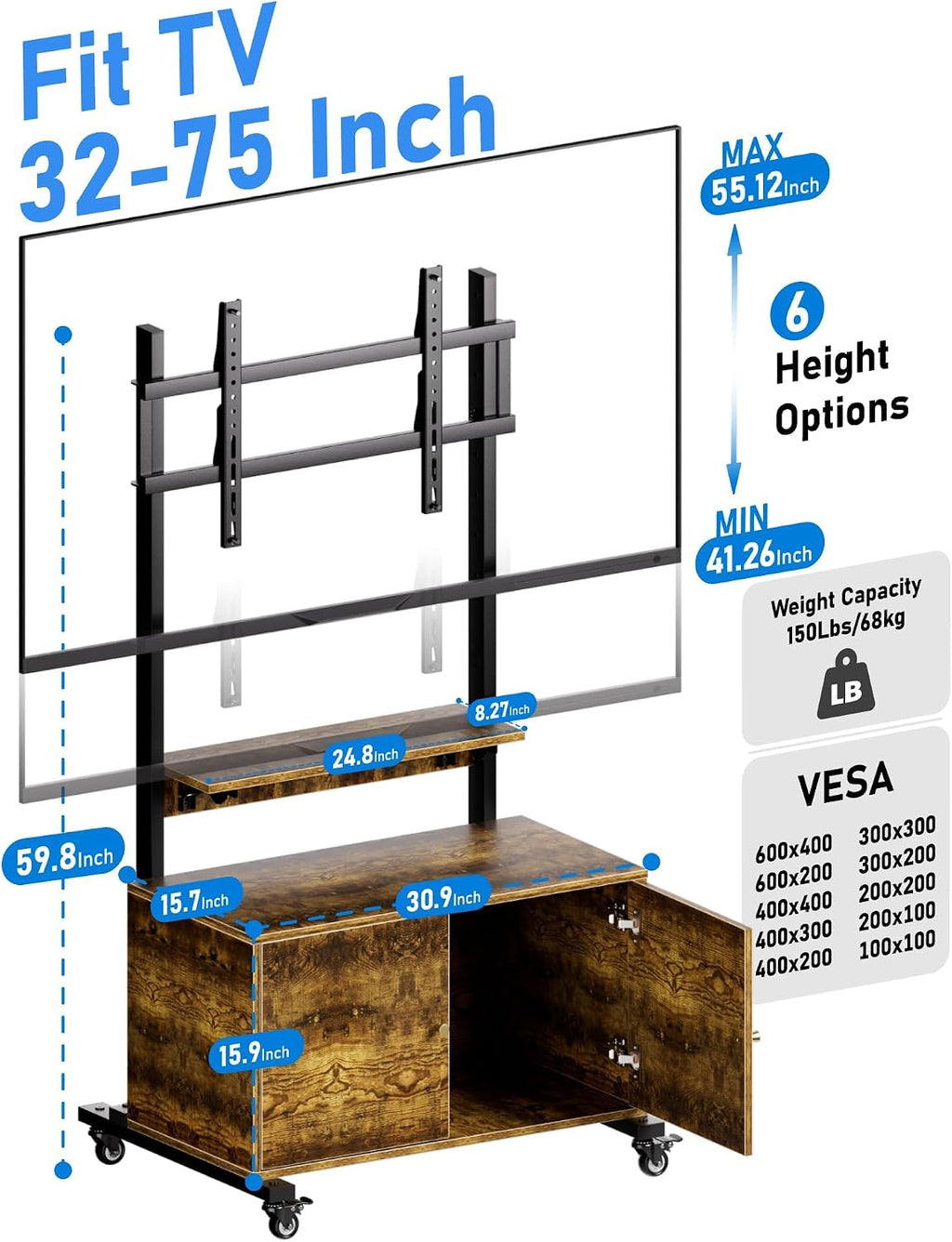 Entertainment Center with TV Mount,Rolling TV Stand with Storage Cabinet for 32-75in Screen,TV Floor Stand on Wheels with Foldable Table,Height Adjustable Mobile TV Stand for Outdoor and Living Room
