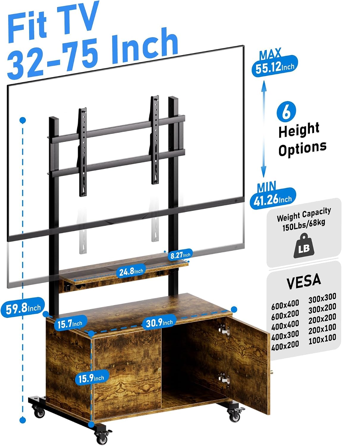 Entertainment Center with TV Mount,Rolling TV Stand with Storage Cabinet for 32-75in Screen,TV Floor Stand on Wheels with Foldable Table,Height Adjustable Mobile TV Stand for Outdoor and Living Room