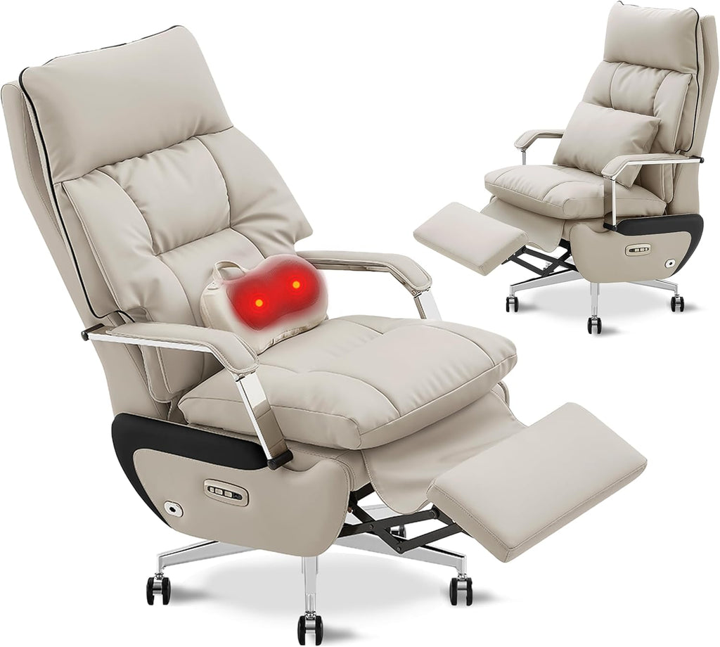 Dual Motor Executive Reclining Office Chair with Footrest – One-Click Electric Recline, Massage Lumbar Support & Pillow, Big and Tall PU Leather Ergonomic Desk Chair for Home Office/Gaming(White)